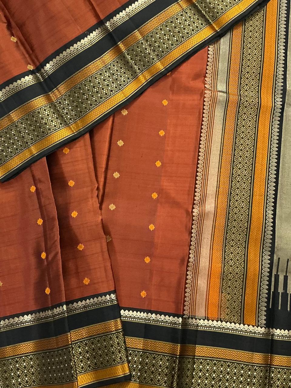 No Zari Kanjivaram soft Silk : Earthy Brick Rust & Black
