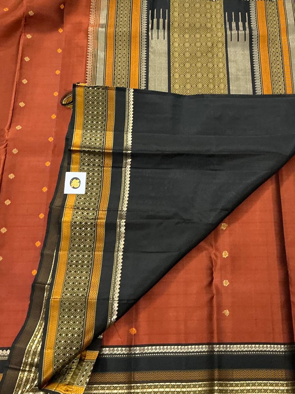 No Zari Kanjivaram soft Silk : Earthy Brick Rust & Black
