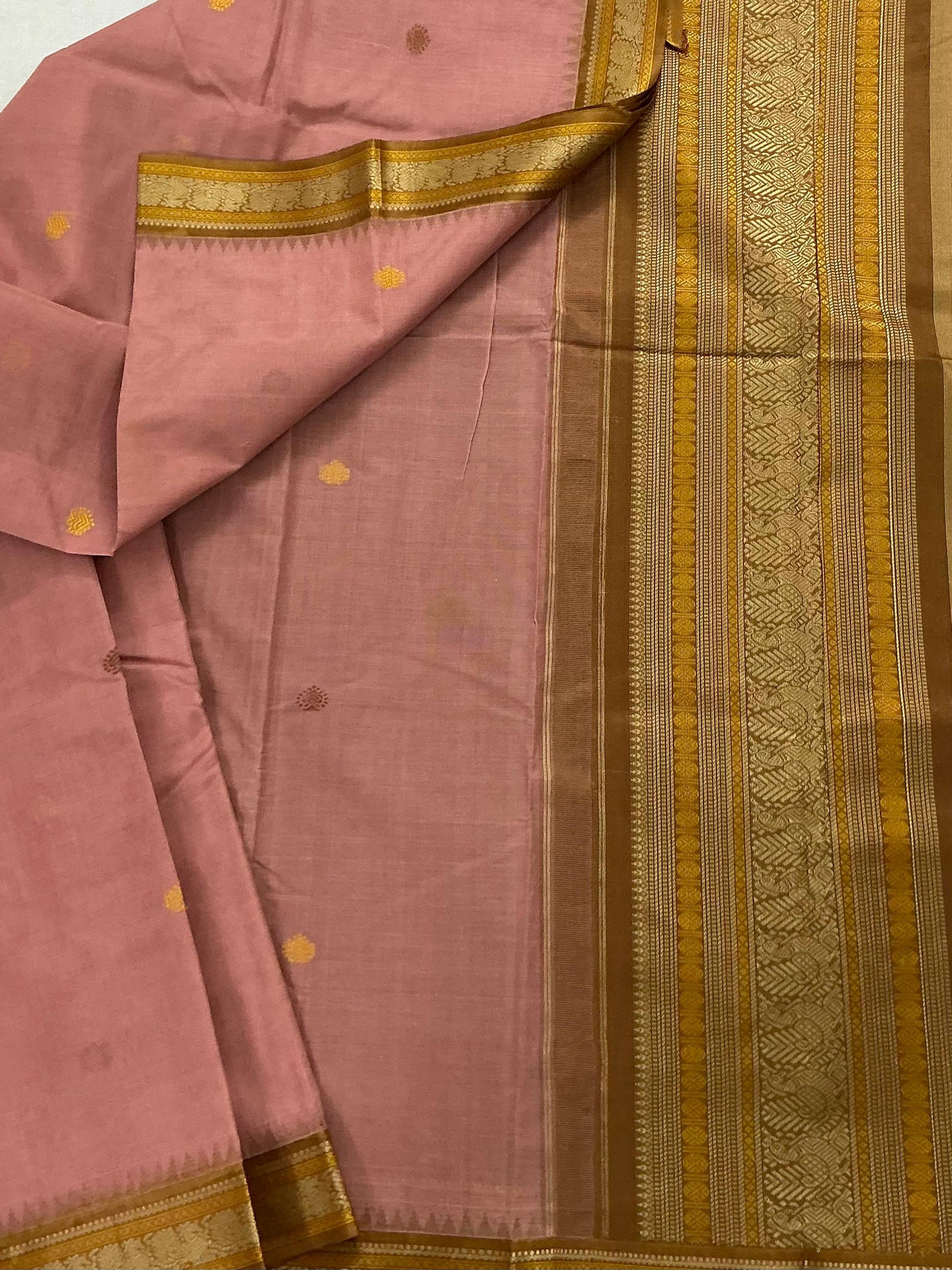 Handwoven Kanchi cotton with Silk borders Korvai :   Coral & Brown