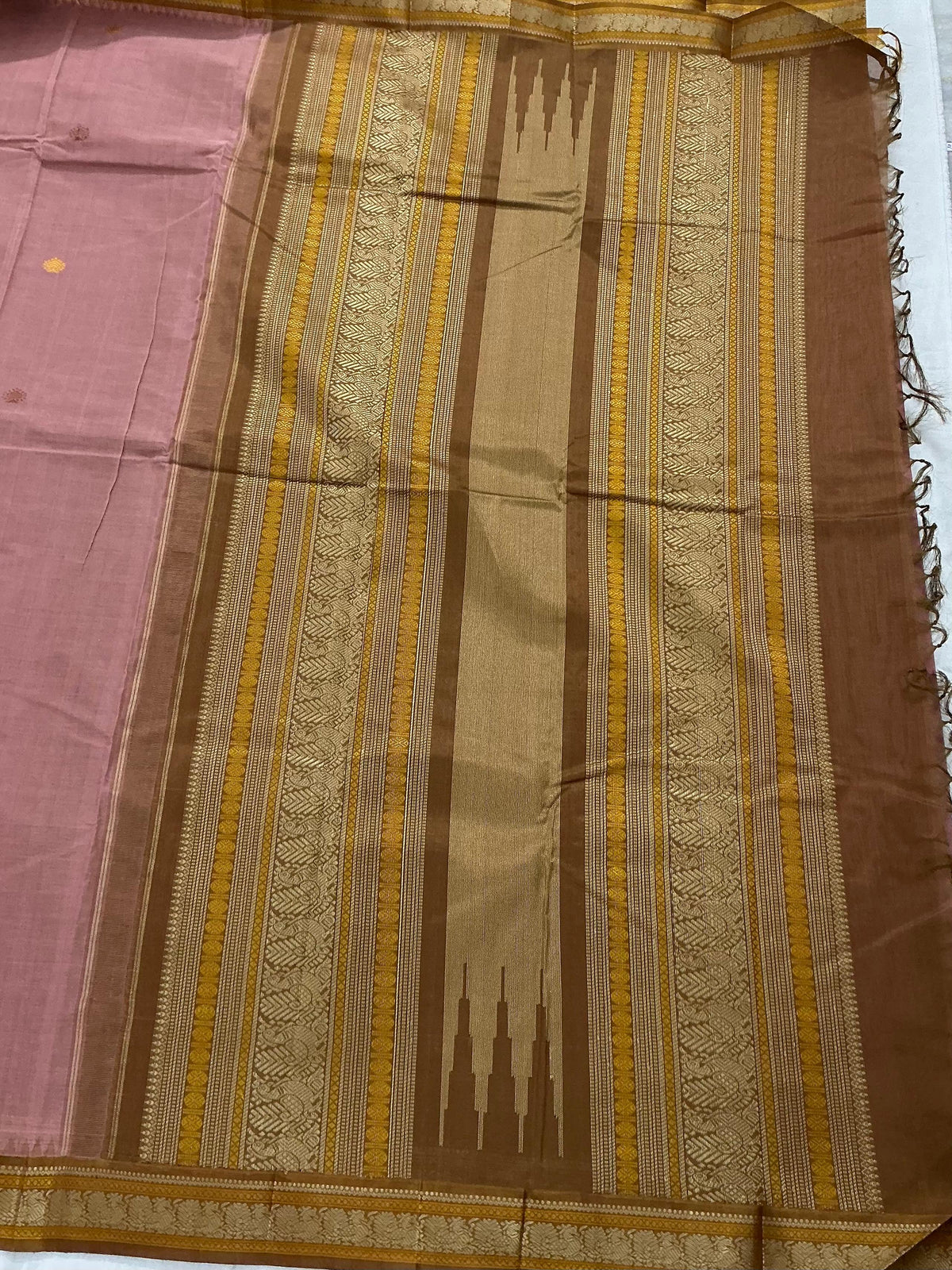 Handwoven Kanchi cotton with Silk borders Korvai :   Coral & Brown