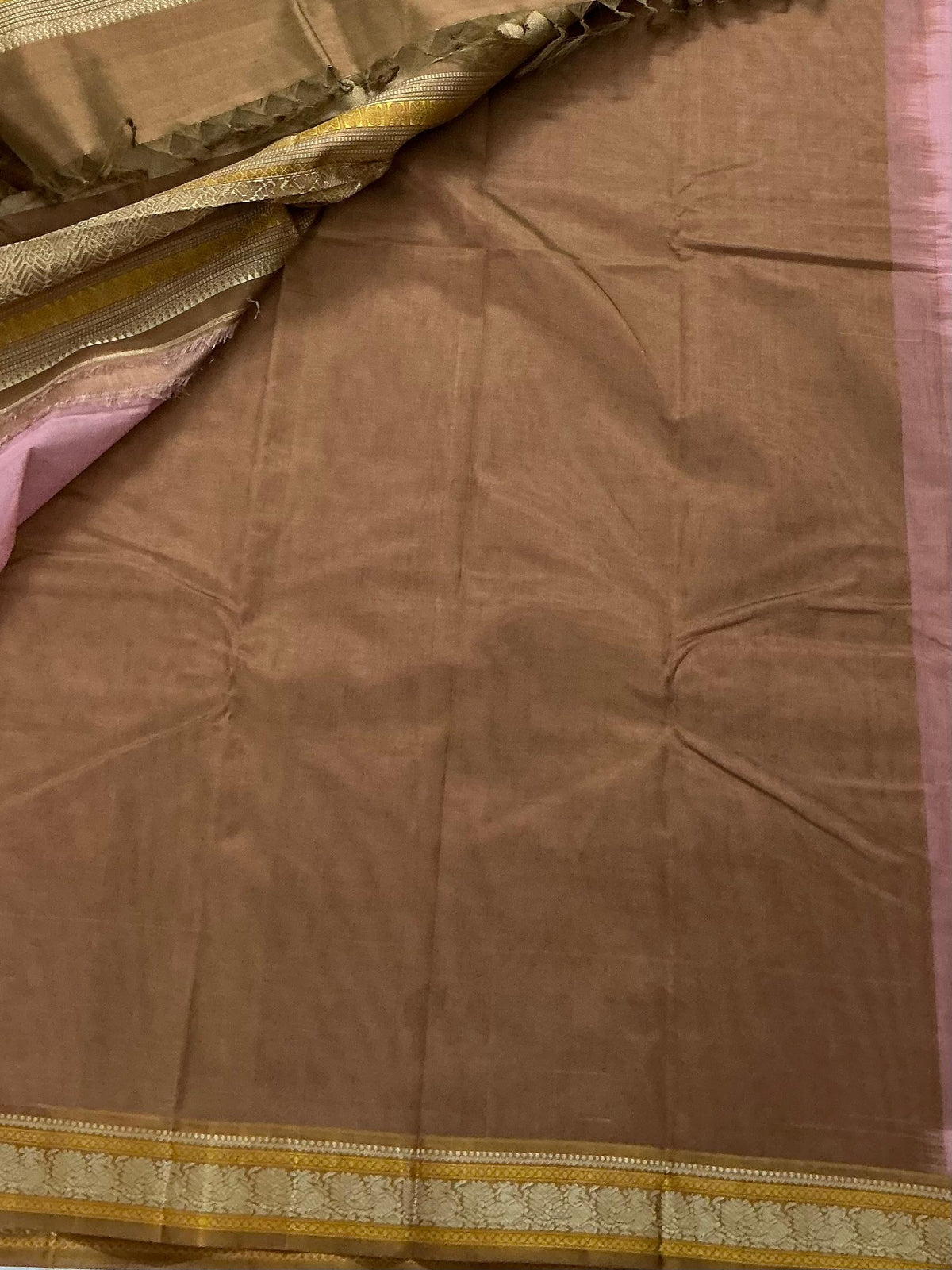 Handwoven Kanchi cotton with Silk borders Korvai :   Coral & Brown