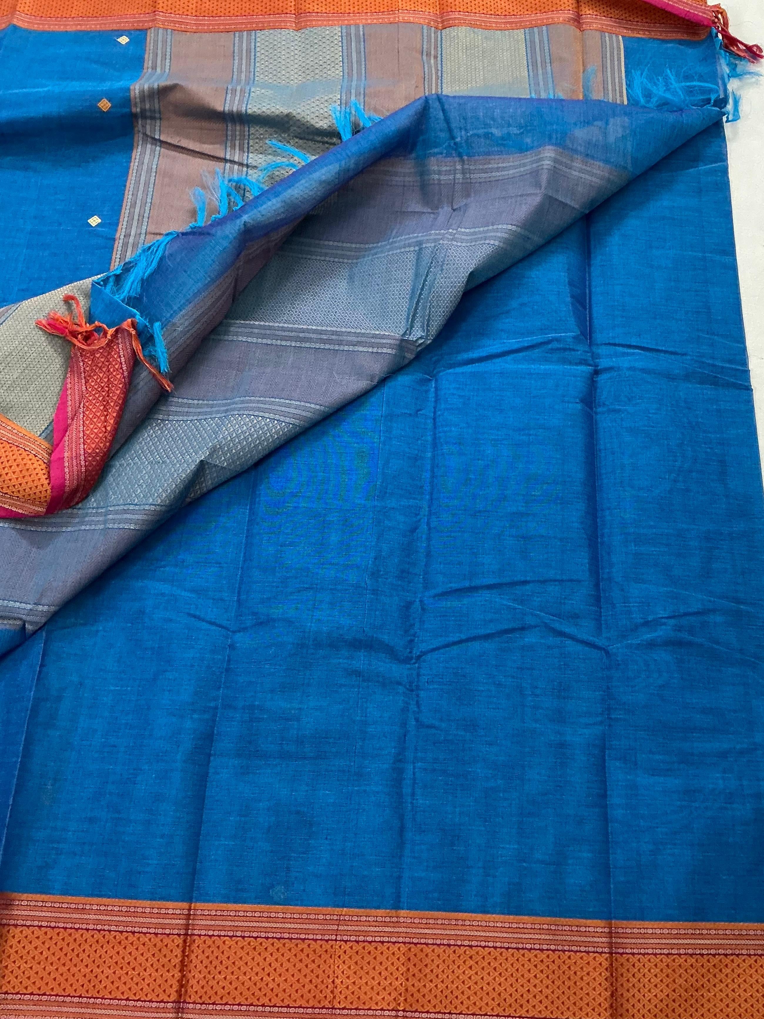 Handwoven Kanchi cotton :  Blue with orange border