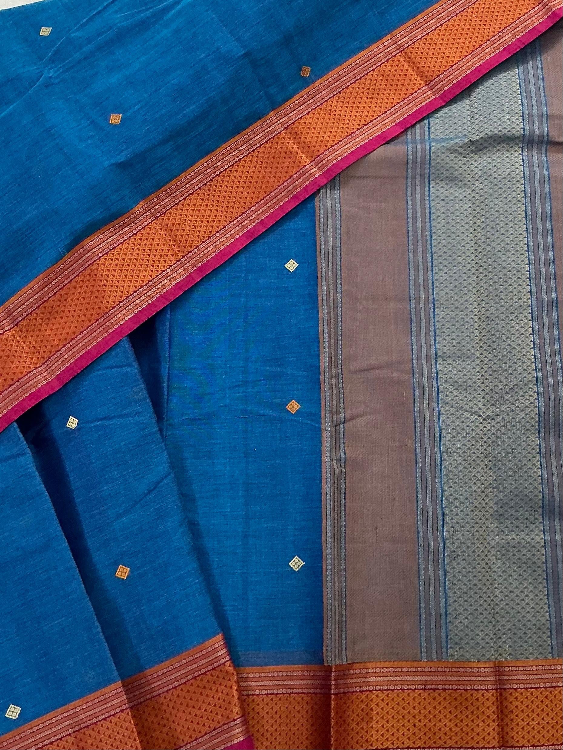 Handwoven Kanchi cotton :  Blue with orange border