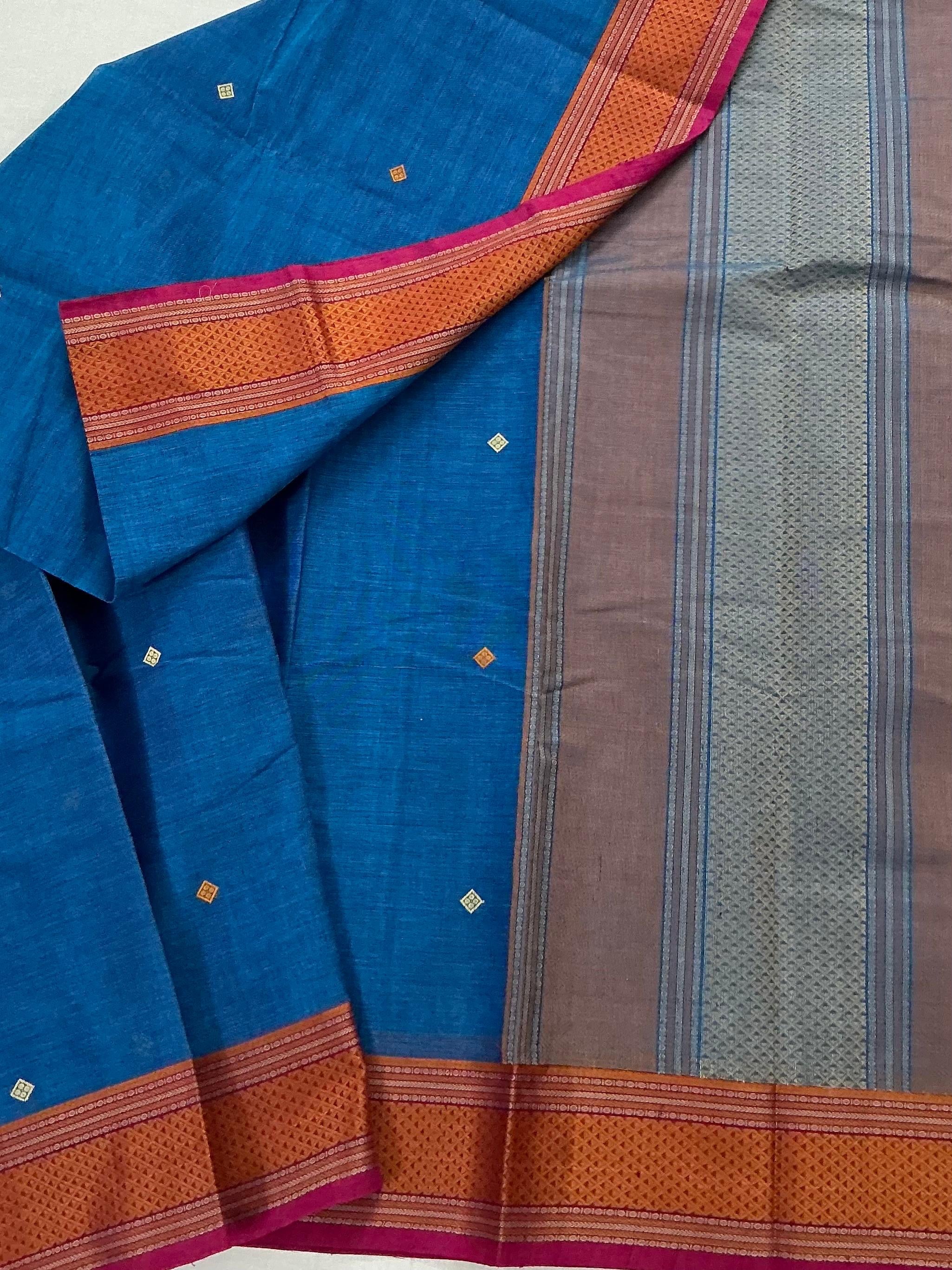 Handwoven Kanchi cotton :  Blue with orange border