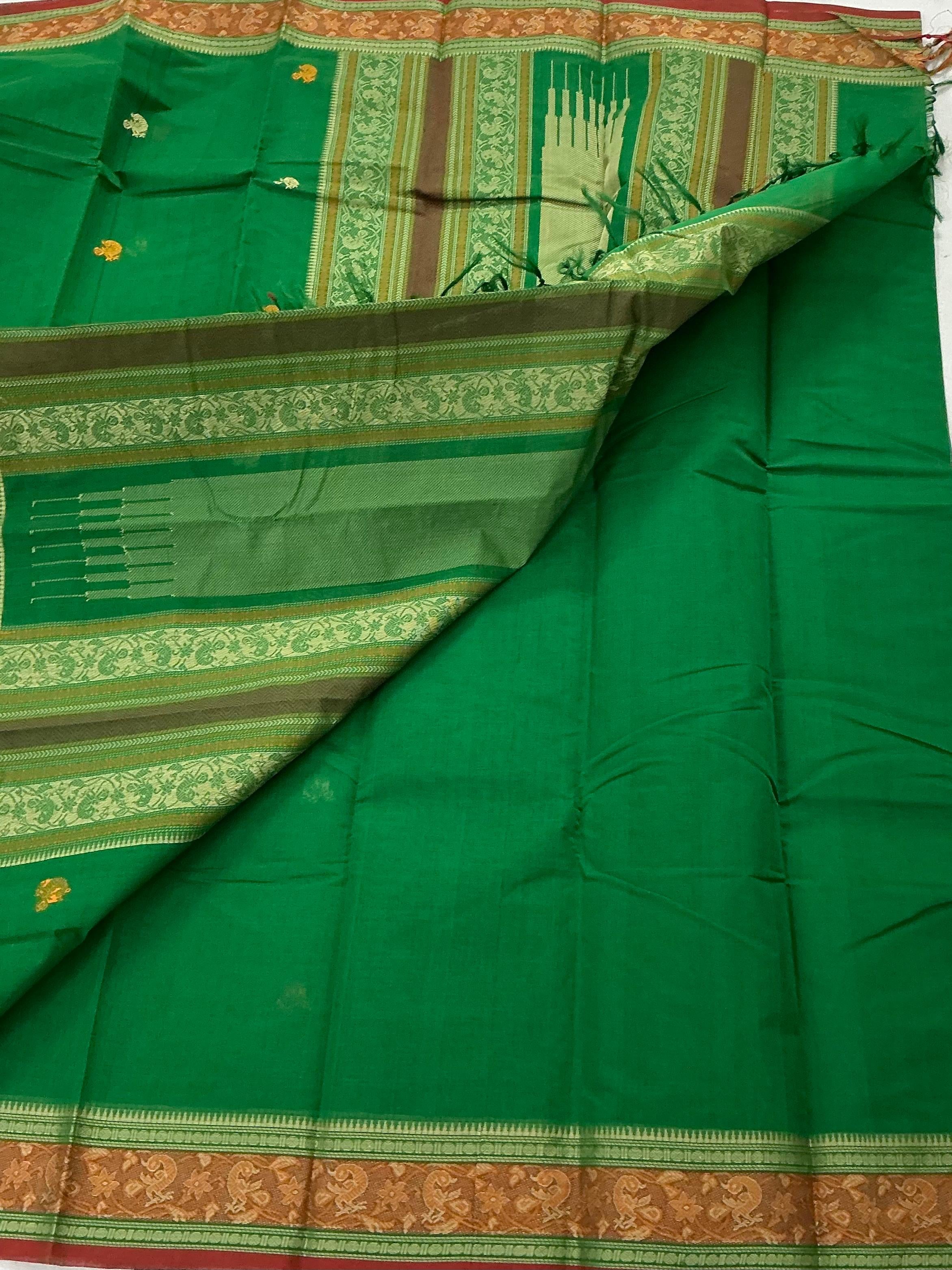 Handwoven Kanchi cotton :  Green with Maroon and Antique gold border