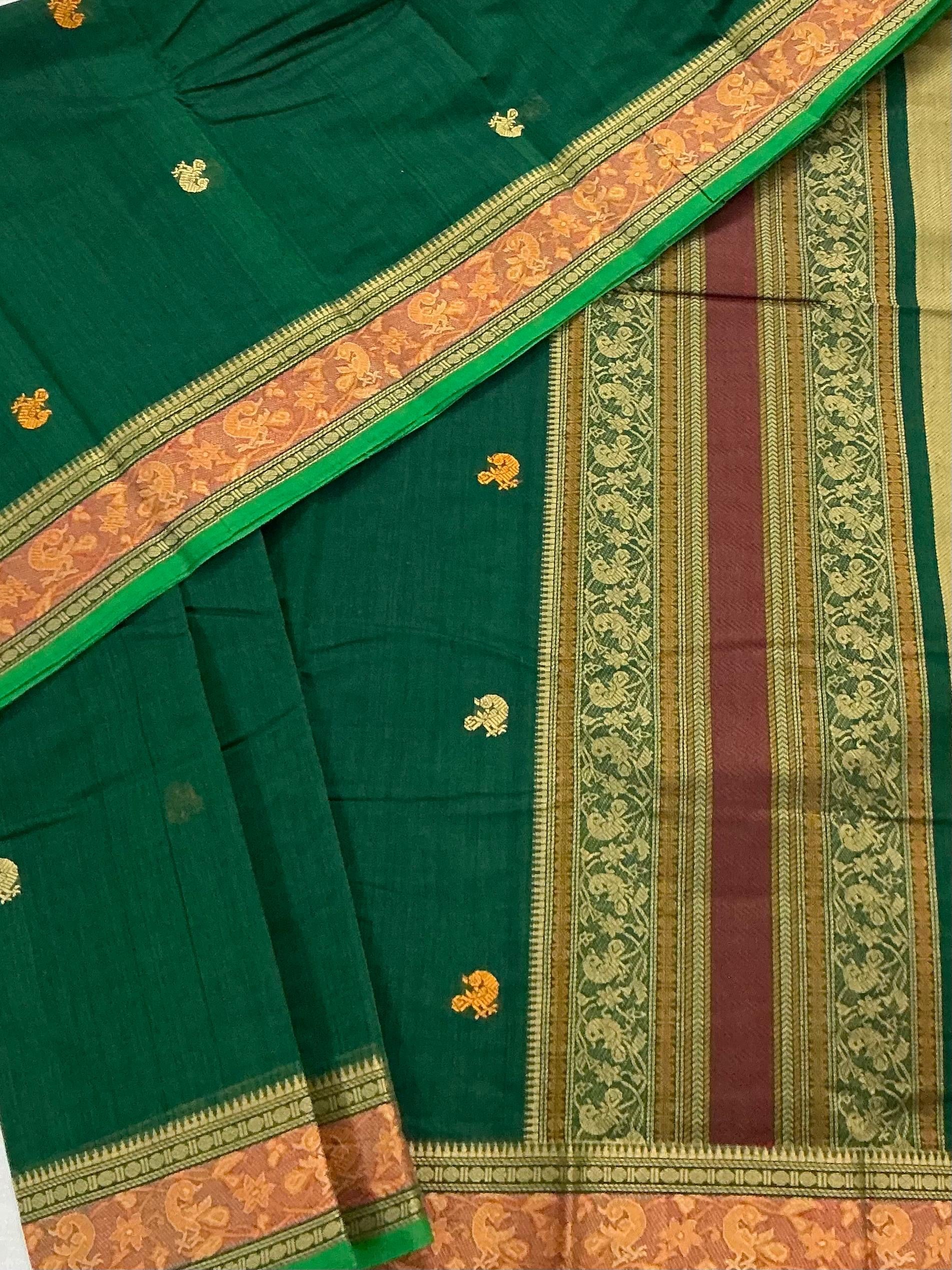 Handwoven Kanchi cotton :  Forest Green with peacock motif